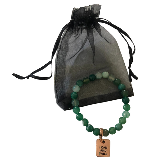 Emerald Green Faceted Agate 8mm bracelet  'I can and I will' charm