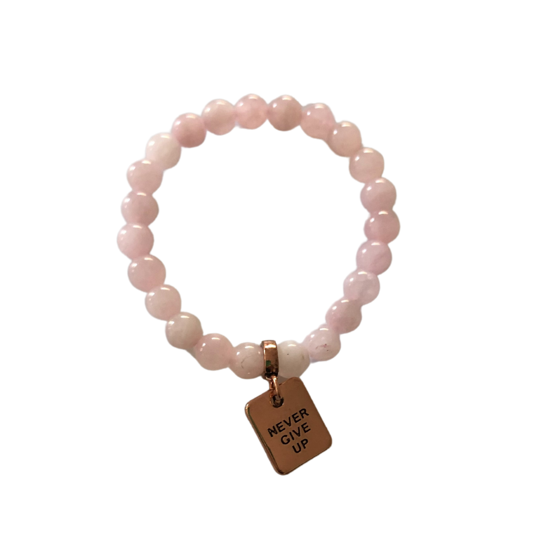 Stone Bracelet - Rose Quartz 8mm with Rose Gold 'Never Give Up' charm