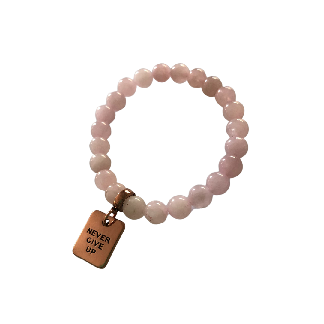 Stone Bracelet - Rose Quartz 8mm with Rose Gold 'Never Give Up' charm