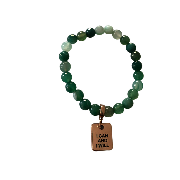 Emerald Green Faceted Agate 8mm bracelet  'I can and I will' charm