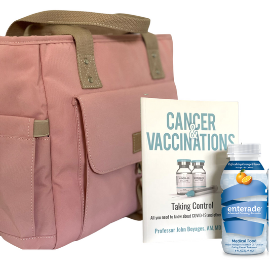 Health Cooling Tote Bag with a box of enterade® and Cancer & Vaccinations book